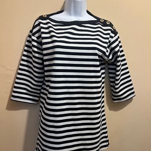 Stripe, nautical top with button/shoulder detail, navy and white stripe, 3/4 slv
